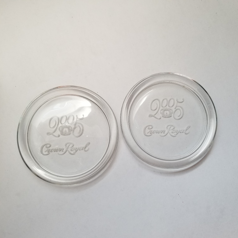 Set Of 2, 2005 Crown Royal Glass Round Drink Coasters Approximately 4 Inches